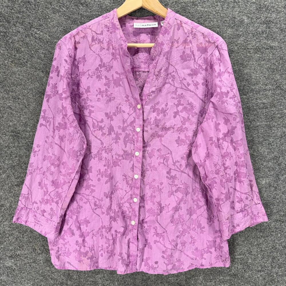 Sag Harbor Shirt Women L Large Purple Floral Button Up V-Neck Long Sleeve Cotton